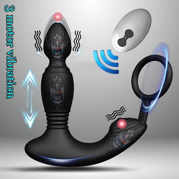 Thrusting Anal Vibrator Penis Ring With 3 Motors Remote Control Telescopic Prostate Massager With 10 Modes Anal Plug