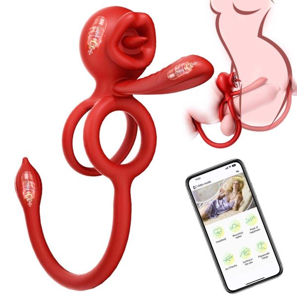 OEMAPPControl Lock Sperm Cock Ring Erection Adult Sex Toy Clitoral Anal Stimulation Dual Penis Ring Vibrator with Tongue Licking