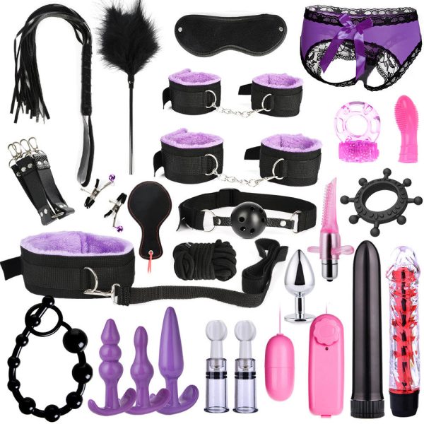 OEM New 26 Pcs Bdsm Kit Bondage Fetish Bdsm Nipple Clip Handcuff Mouthball Whip Blinder Collar Shackles SM Toy