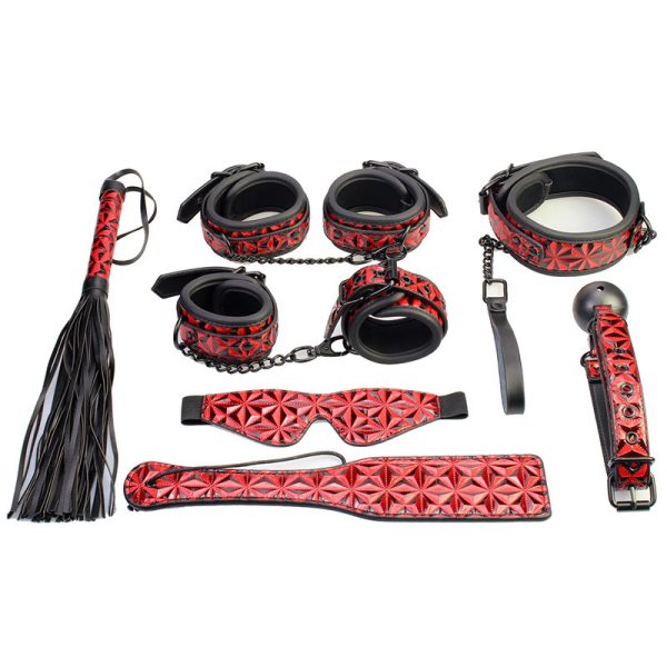 OEM 7pcs Set Bed Bondage Set Restraint Adult Game Belt Sex Handcuff Eye Mask Whip Collar Kit Sex Toy for Couple Sex Accessories