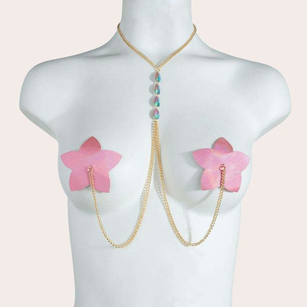 OEM Pink Pu Leather Nipple Cover Sexy Women Nipple Pasties Reusable Self Adhesive Silicone Nipple Stickers Necklace Chain