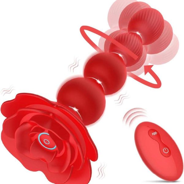 Remote Control Rose Vibrator LED Anal Beads Butt Plug Sex Toys with 10 Rotate Twist and Vibrating Modes