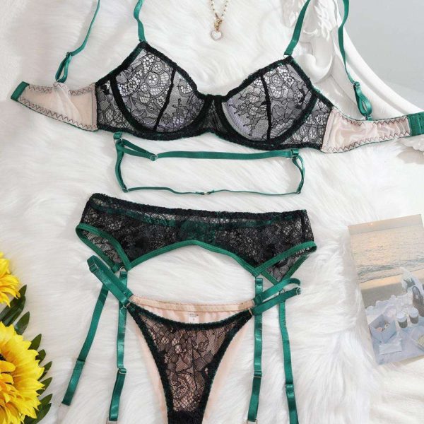 New European and American Women's Clothing Green Lace Sexy Lace-up Patchwork See-through Slimming and Romantic Lingerie Set