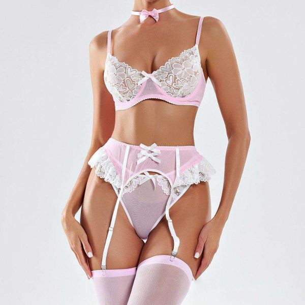 European and American French Pure Sensual Sensual Lingerie Set, Sheer and Sexy Lace Bow Young Maid Dress