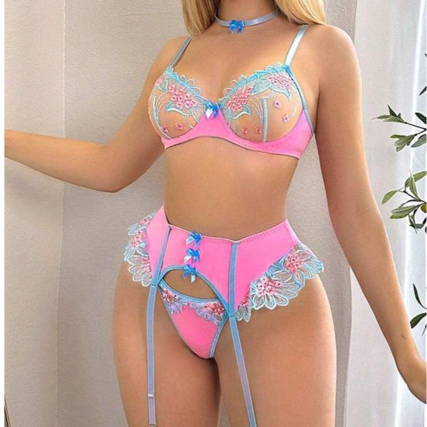 European and American Best-selling Sexy Patchwork Embroidered Flower Bra, Hosiery, Leg Girdle, Thong and Lingerie Set