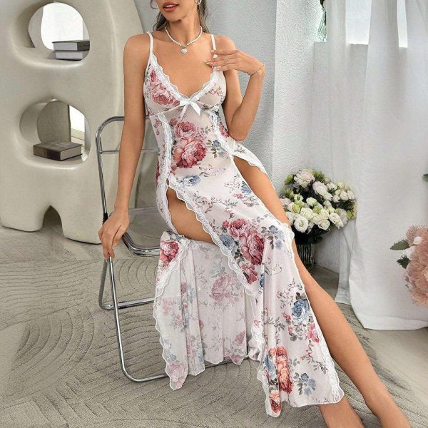 A Sexy and Pure Desire Home Dress From Europe and America, Featuring Chiffon Satin Printed Straps and a Thin Halter Dress