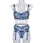 Wholesale of New Blue Embroidered Lingerie Set, Heavy Craftsmanship, Sexy Hosiery and Erotic Lingerie Three-piece Set