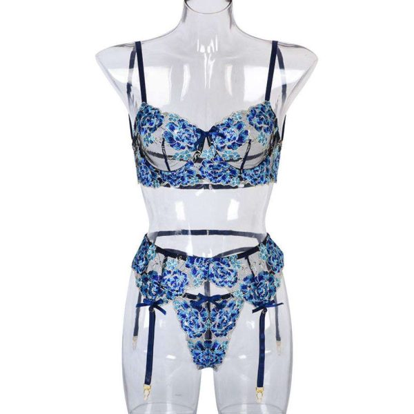 Wholesale of New Blue Embroidered Lingerie Set, Heavy Craftsmanship, Sexy Hosiery and Erotic Lingerie Three-piece Set