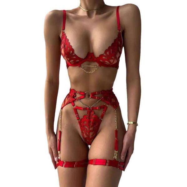 A Sexy Lingerie Set Featuring a Popular European and American Lace Embroidery Chain Accessory, Steel Rims, and a Waist Belt