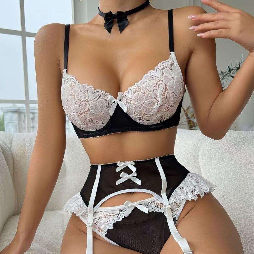 main_pic_0-1344 European and American Erotic and Romantic Halter Lace Mesh Semi-transparent Sexy Undergarment Set with Steel Rings - 图片 1