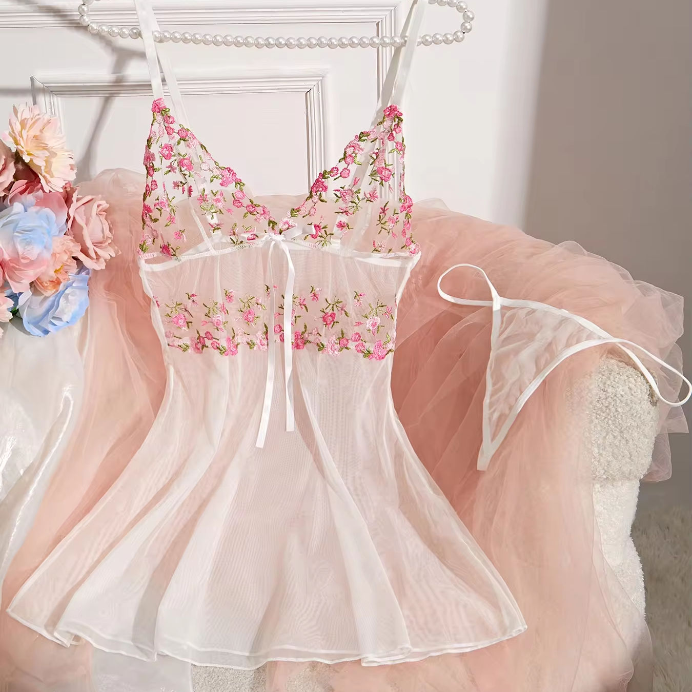 main_pic_0-1418 Floral See Through Sexy Slip Dress Mesh Cute Girls Sexy Nightwear Sleep Nightdress Lingerie Dress Set - 图片 1