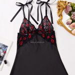 Seductive Black Babydoll with Red Lip Embroidery and Ribbon Straps Women's Sexy Night Dress Mini Nighty Wear Babydoll Lingerie