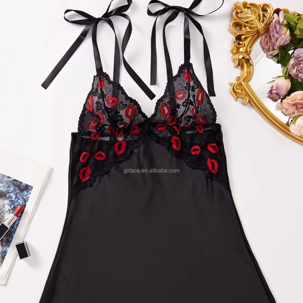 Seductive Black Babydoll with Red Lip Embroidery and Ribbon Straps Women's Sexy Night Dress Mini Nighty Wear Babydoll Lingerie