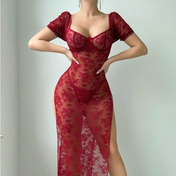 No Minimum Women's Erotic Hollow Underwear Transparent Lace Embroidery Nightdress Lingerie Sexy Knee-Length Pajamas Lovely