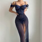 Wholesale Women's Sexy Knee-Length Nightdress Lingerie Erotic Hollow Transparent Lace Embroidery Pajamas Lovely Satin Fabric