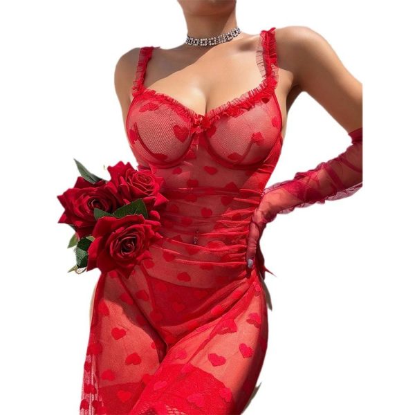 Women's Sexy Lingerie Lace Sheer Long Dress Temptation Nightdress Thong Two-Piece Set New Style