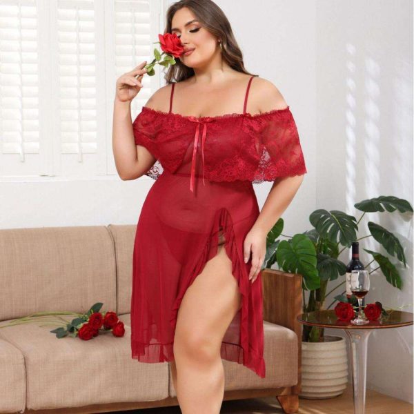 Sexy Semi-transparent Mesh Lace Trim Slit, No Need to Take Off, Seductive and Romantic Nightgown, Plate-size Dress Set