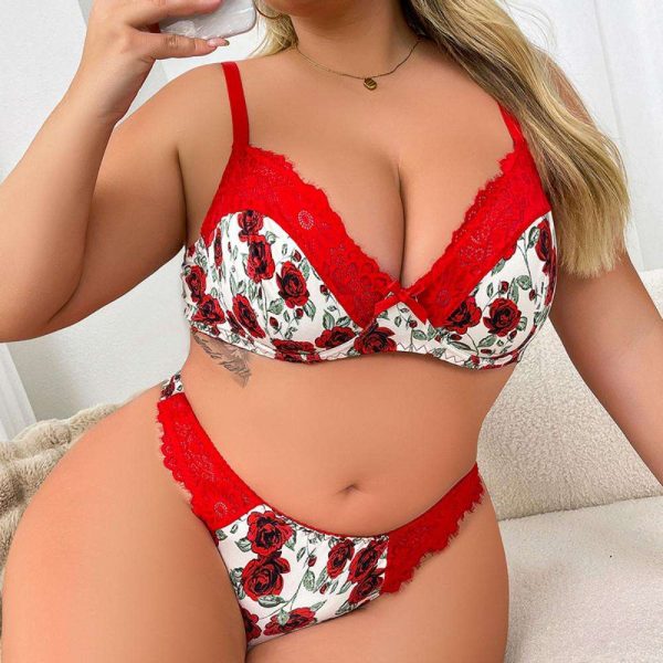 European and American Bestseller Plus-size Sexy Rose Print Lace Patchwork Romantic Lingerie Three-point Gathering Set