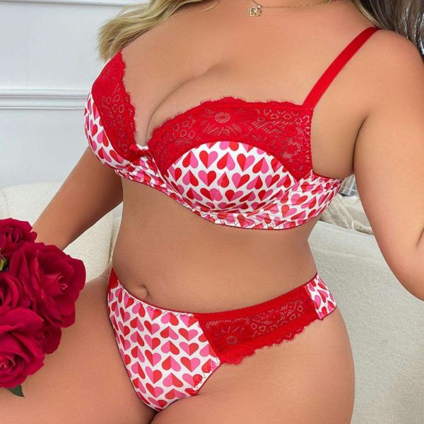 New Plus-size Pure Lingerie Set From Europe and America, Printed Lace Patchwork Lingerie, Sexy Gathering Plus-size Lingerie