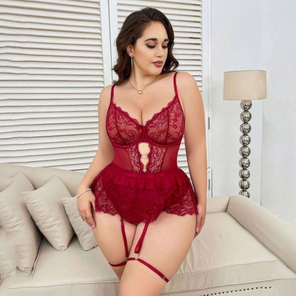 A Plus-size European and American Lacelace-trimmed Jumpsuit with a Steel Ring and Leg Ring Sexy and Interesting Underwear