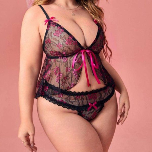 European and American Plus-size Romantic Lingerie Lace See-through Set, Sexy Transparent Lace Backless Nightdress