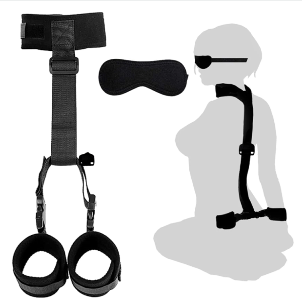 BDSM Neck to Wrist Bondage Restraints Set - Behind Back Handcuffs Collar With Blindfold Adjustable Bondage Accessories