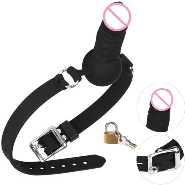 Silicone Realistic Dildo Gag With Ball, Adjustable Strap on Mouth Gag for SM Black