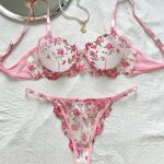 Romantic Pink Lace Bra and Thong Showcasing Vibrant Floral Details Floral Lace Babydoll Nightwear Erotic G-string Sleepwear Set