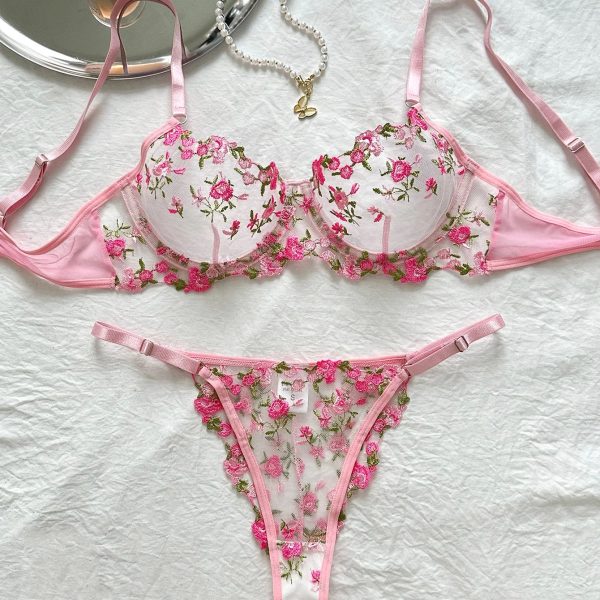 Romantic Pink Lace Bra and Thong Showcasing Vibrant Floral Details Floral Lace Babydoll Nightwear Erotic G-string Sleepwear Set