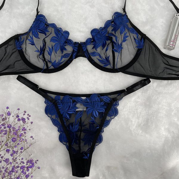 Pretty Blue Floral Embroidery Striking Black Mesh Bra and Thong Set Sexy Underwear with Light Lace Decoration