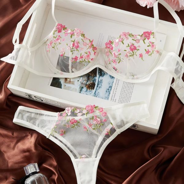 Women 2 Pieces Lace Adjustable Strappy Erotic Lingerie Underwear Set See Through Underwire Bra Panty Set