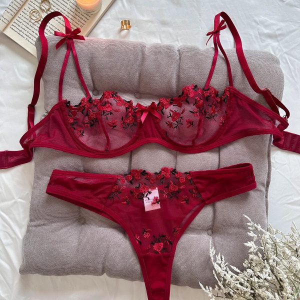 Night Sexy Women 2 Piece Floral Embroidery Sexy Lingerie Underwear Set