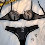 Black Transparent Women Underwire Push up Bra Thong Cute 3 Piece Lace Lingerie Set