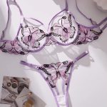 Honeymoon Sexy Embroidered Butterfly Purple Mesh Lingerie Set Transparent Lingerie Set for Women