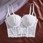 Trendy Stylish Romantic White Lace Padded Bralette for Women Longline Bustier Floral Mesh Lingerie