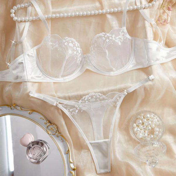 Pure White Lace Lingerie for Women Sexy Comfortable Breathable Push-Up Bras Embroidered Summer Fresh Panties-Thongs
