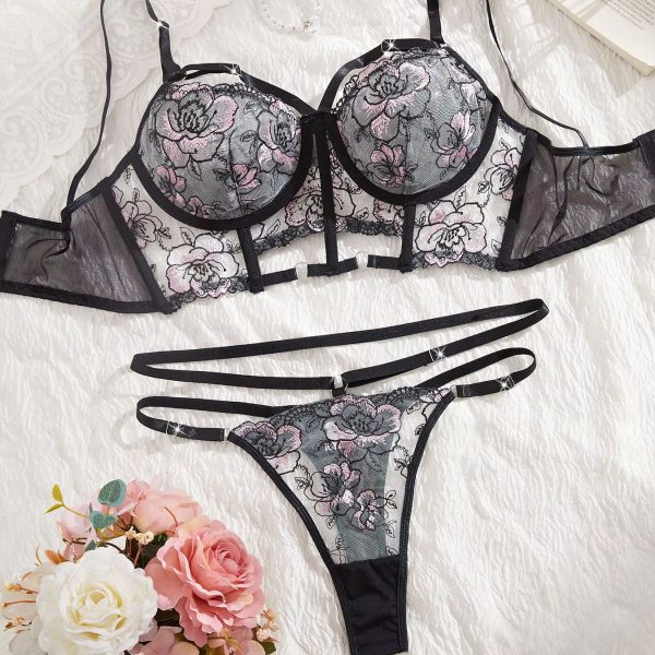 Women's Sexy Lingerie Large Rose Design Black Collision Elegant Sexy Highlighting Waist Paired with Lace and Bow Decoration