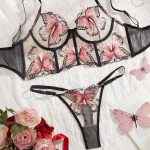 Women's Summer Sexy Elegant Bra Panties Set Transparent Butterfly Heavy Embroidery with Seamless Waistband Plain Dyed Techniques