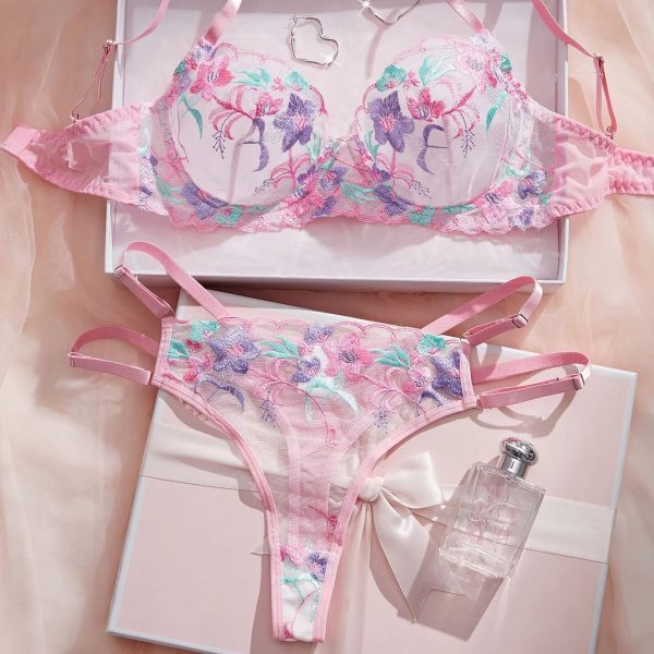 Women's Sexy Floral Embroidered Lace Underwire Push-Up Lingerie Set Women's Summer Style Jersey Fabric Thin Underwear