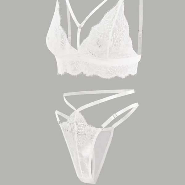 Women's Three-Point Hollow Cross Strap Lace-up Push-Up Bra Set Sexy Thin Floral Pattern Nightwear Transparent Jersey