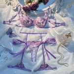 Cute Sexy Floral Embroidered Bra Set Anti-Sagging Push-Up Garter Stockings Transparent Jersey Lingerie Three-Piece Solid Flower