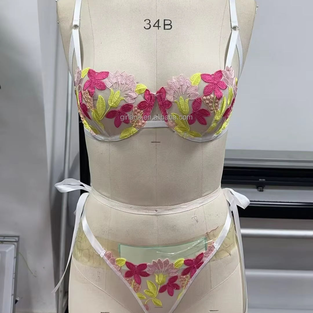 main_pic_0-612 Women's Cute Floral Embroidered Lace Lingerie Set Sexy White Underwire Jersey Fabric Comfortable Breathable Summer Underwear - 图片 1