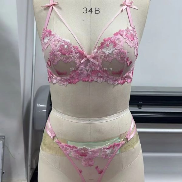 Women's Sexy Transparent Lingerie Set Bow Suspender with Lace and Flower Embroidery Tempting Jersey Fabric