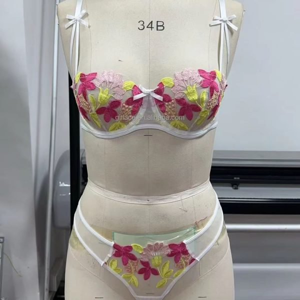 Colorful Floral Lace Lingerie Set with Bow Decor XL Bras and Nightwear for Girls Sexy Transparent and Fun for Lively Summer