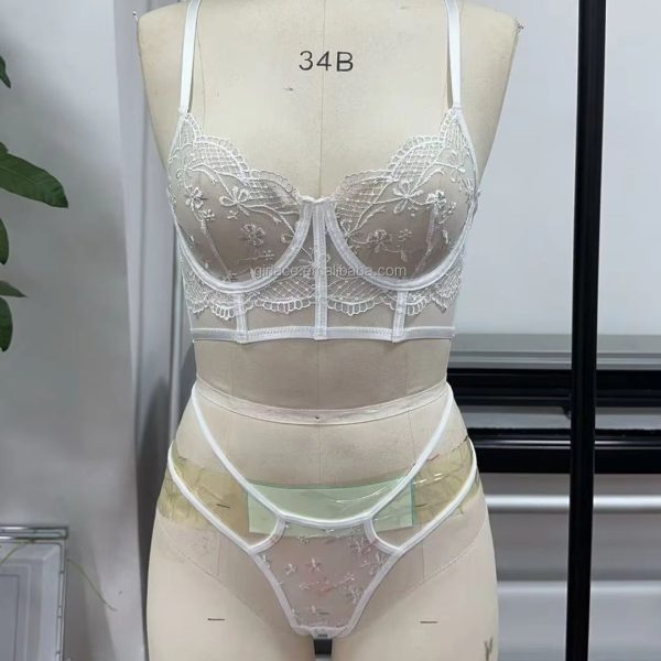 Women's Sexy Lace Eyelash Lingerie Set Beautiful Thin Soft Underwire Fishbone Body-Shaping Vest-style Bra and Panty Set