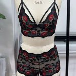 Passionate Uniform Sexual Lingerie Set Embroidered Red Lip Bra Shorts See-Through Black Lace Summer Style Bowed Logo Waist Base