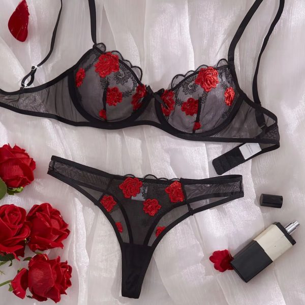 Women's Mesh Embroidery Flower Hollow Out Sexy Bra Set Anti-Sagging Anti-Slip Lingerie Temptation Briefs Hot-Selling