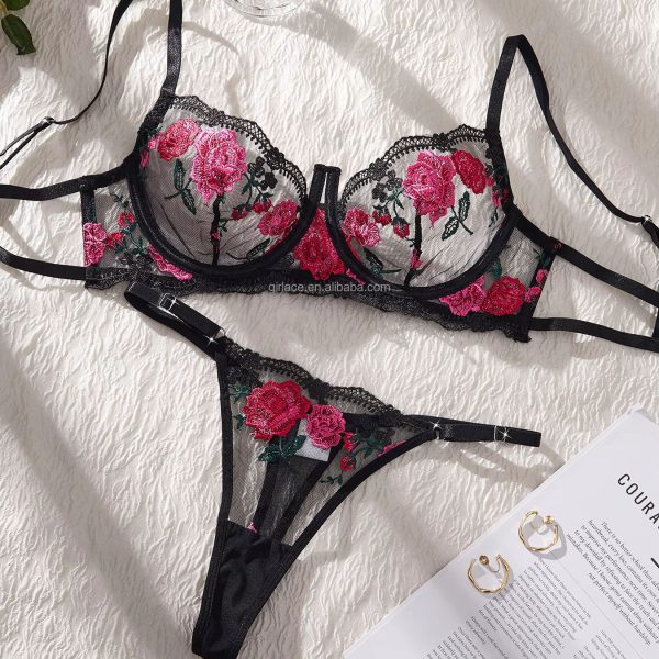 Women's Sexy Pure Desire Lingerie Set with Thin Floral Embroidery Lace Push-up Side Breast Control Logo Positioned at Waist