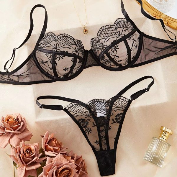 Women's Sexy Black Lace Babydoll Lingerie Set Transparent Underwire Bra Naughty Net Brief Thong Nightwear Made Jersey