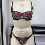 Hot-Selling Sexy Low-Rise Bra Set and Panties Outfit Rose Print Strap Tie-Up Solid Pattern Uniform